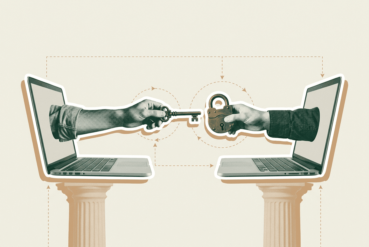 Two laptops exchanging a key and padlock across a coordination link