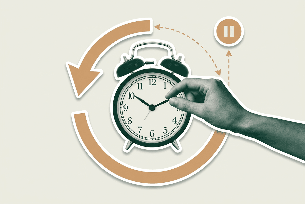 A hand holding a clock with a pause button above a rewind timeline