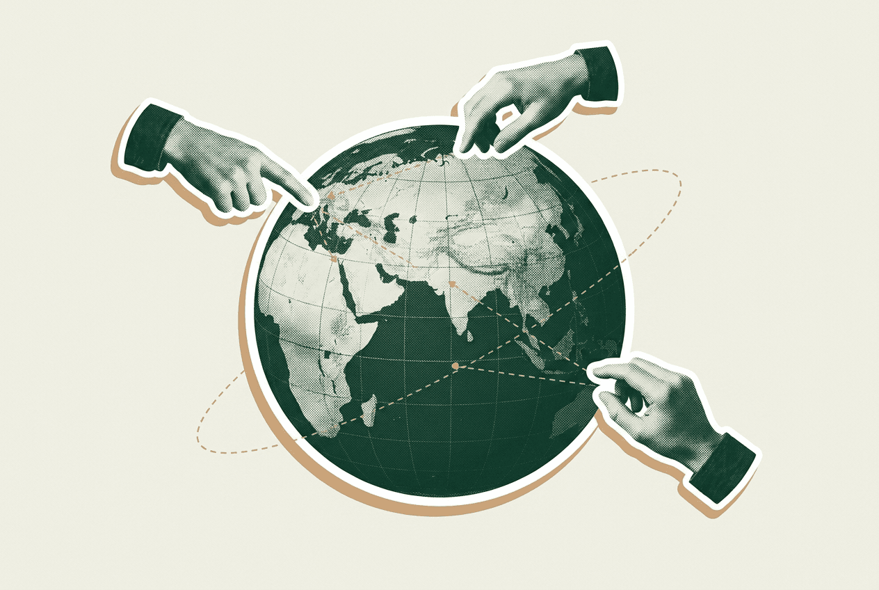 Several hands reading from a single shared grid globe